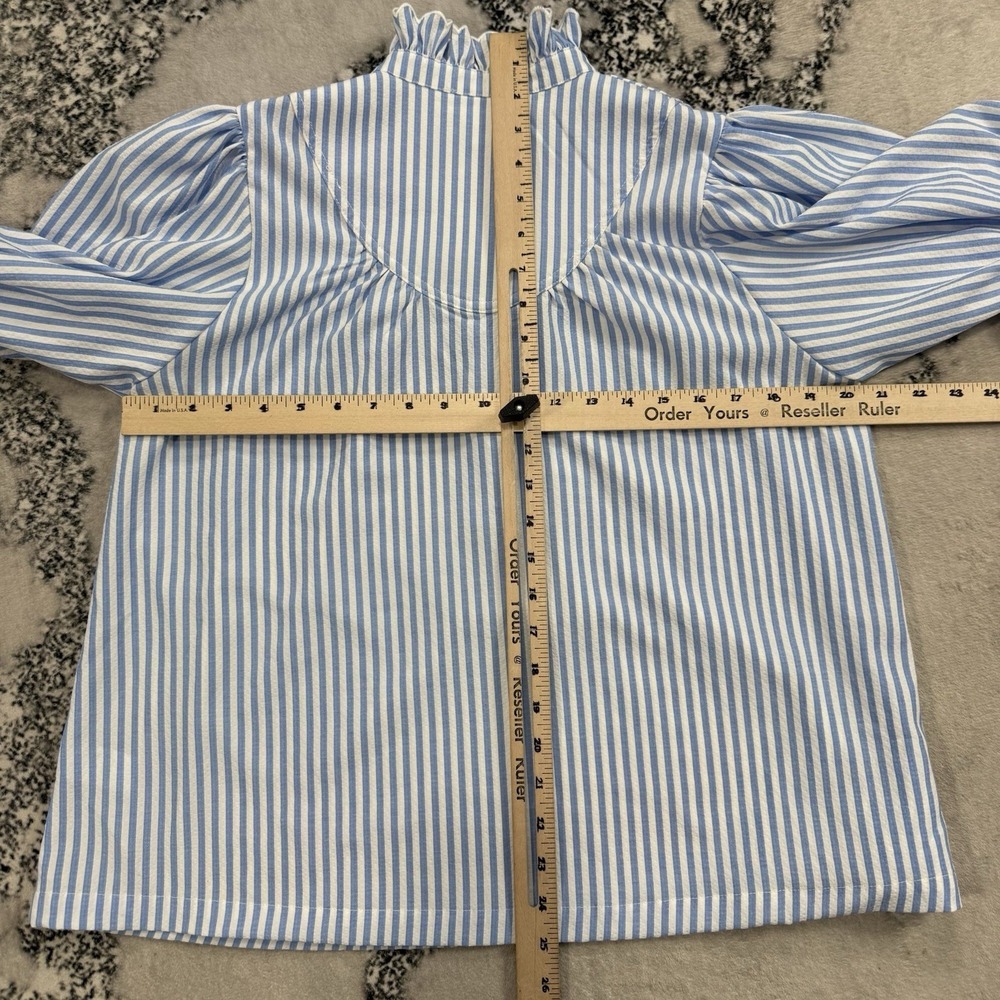Pomander Place Blouse Womens Medium Blue White Stripe Puff Sleeve Ruffle Neck - Picture 3 of 9